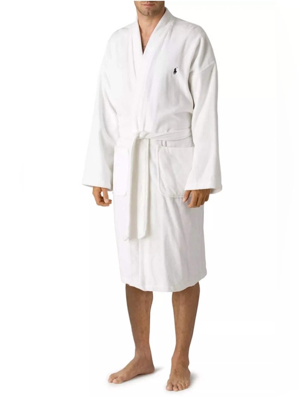 POLO RALPH LAUREN MEN'S KIMONO COTTON VELOUR ROBE SIZE: MEN L/XL - WHITE 46” L